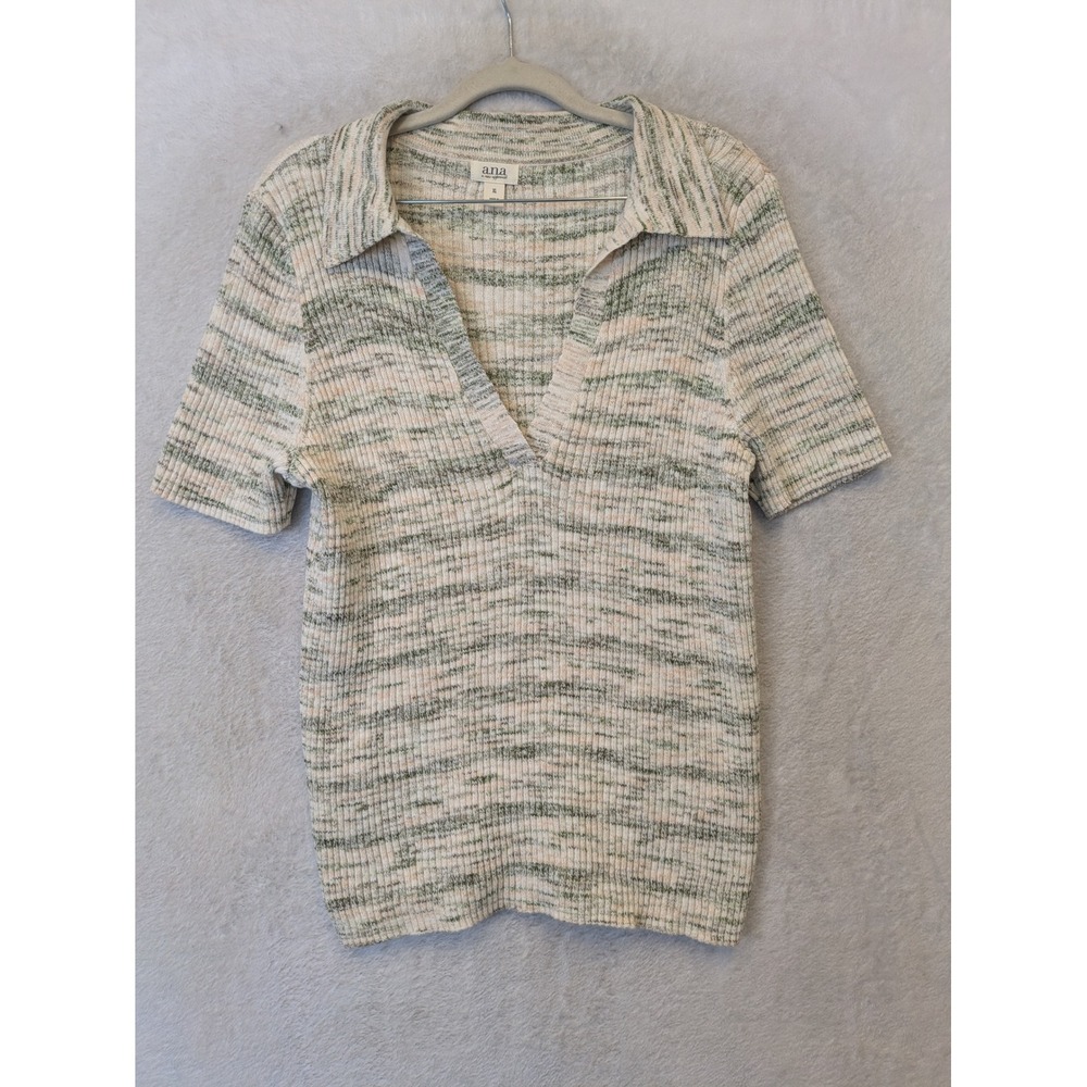 a.n.a Polo Top‎ Women's XL Green Cream Space Dye Ribbed Knit Short Sleeve V-Neck